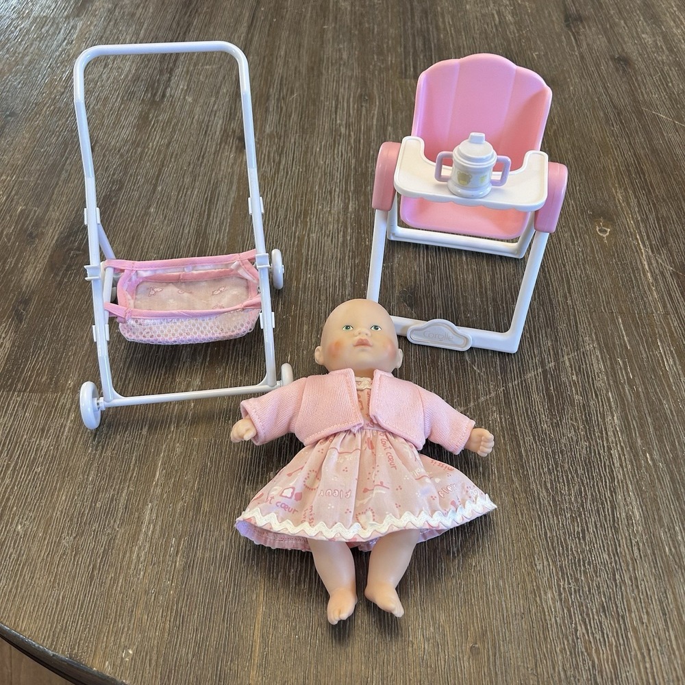 Mini Corolle Doll, Dress, Stroller & High Chair Shoes Drink Cup France